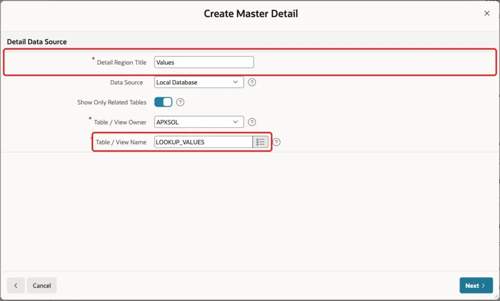 Detail Data Source screen with the title Values and the table LOOKUP_VALUES marked with red boxes