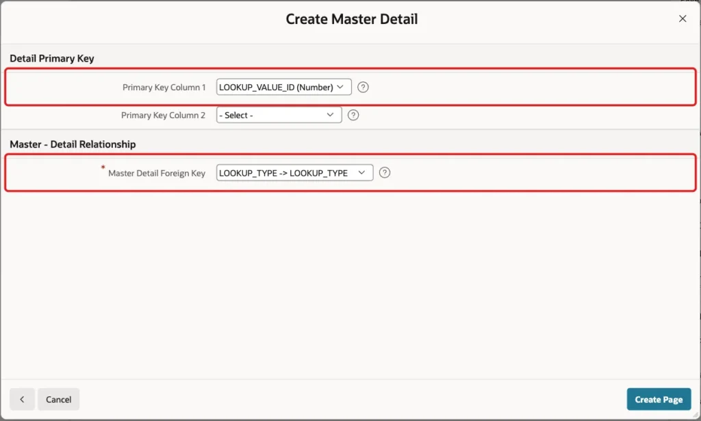 Detail Primary Key screen with LOOKUP_VALUE_ID and the foreign key LOOKUP_TYPE marked with red boxes