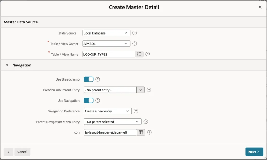 Navigation section of the wizard with Use Breadcrumb and Use Navigation turned on
