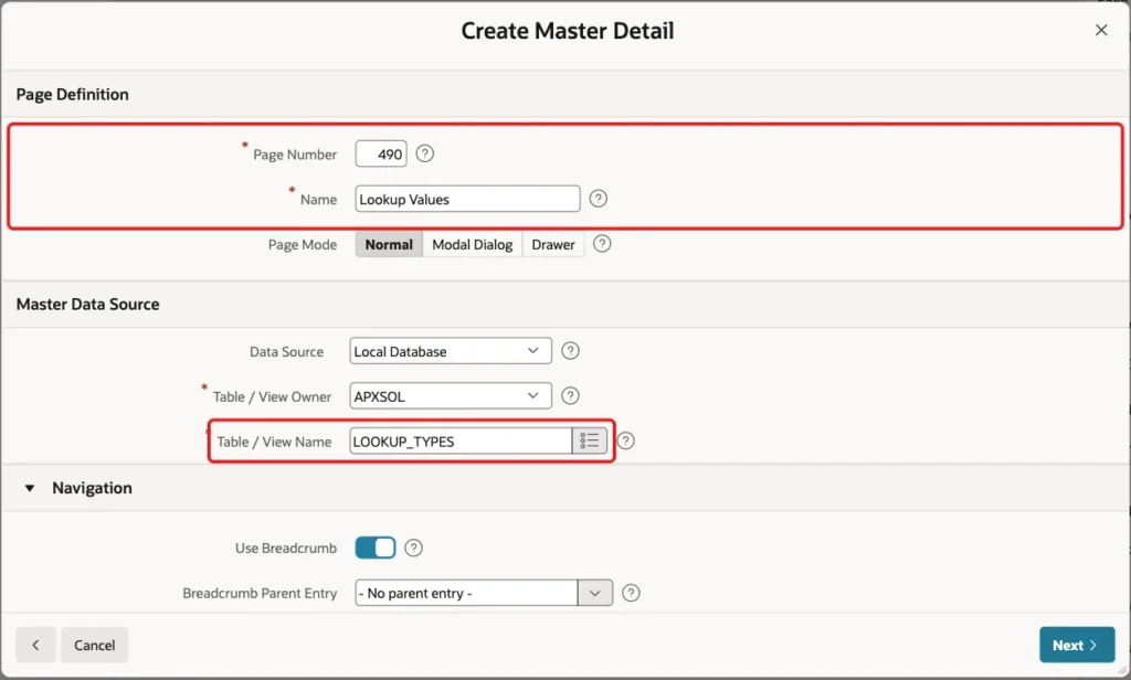 Page Definition screen with page 490 Lookup Values and the table LOOKUP_TYPES marked with red boxes