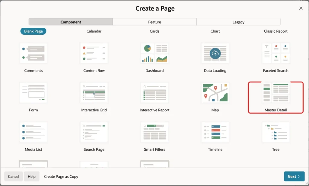 Create a Page dialog with the Master Detail page type marked with a red box