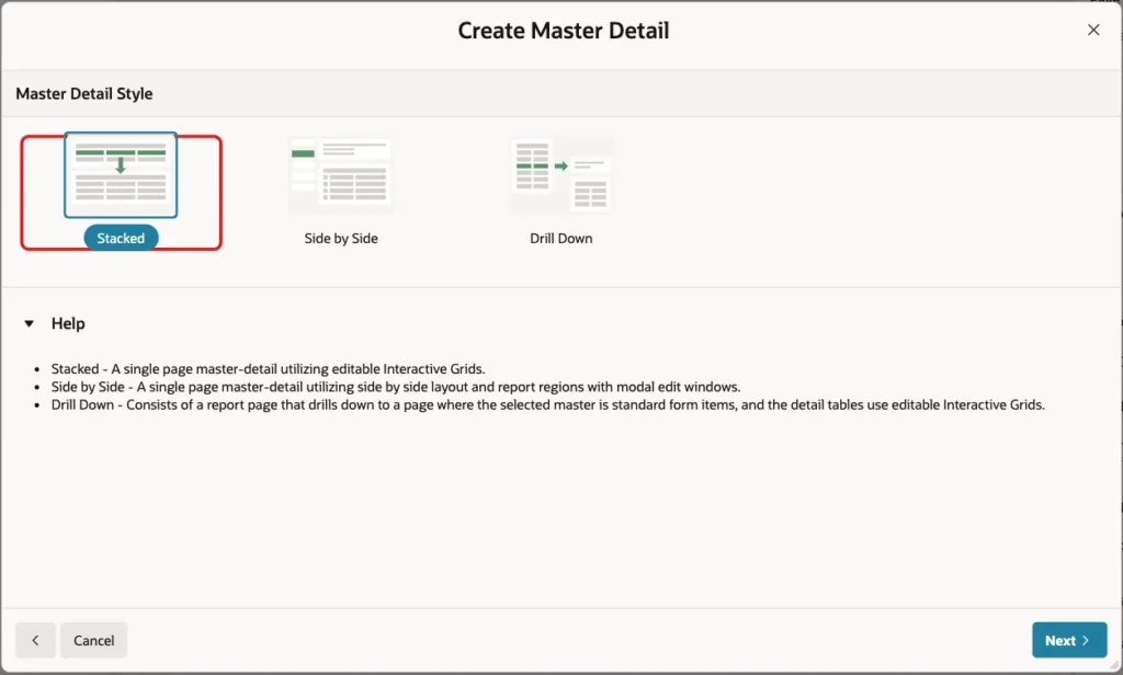 Master Detail Style screen with the Stacked style marked with a red box