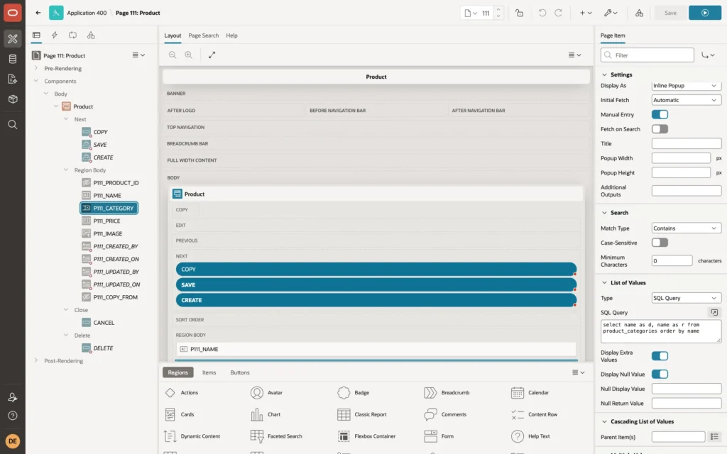 Page Designer showing P111_CATEGORY of type Popup LOV with Display As Inline Popup and Manual Entry on, and a SQL query on PRODUCT_CATEGORIES