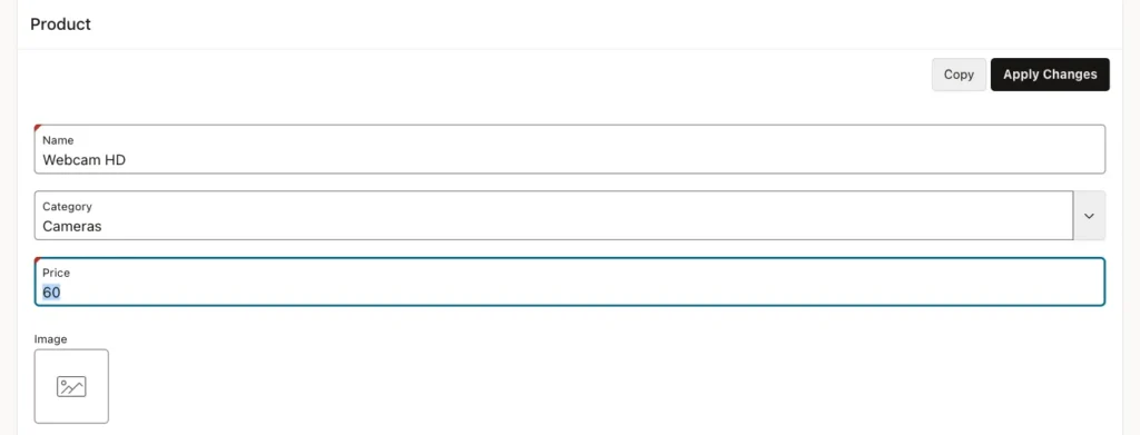 Oracle APEX Product form with the new category Cameras typed into the Category field