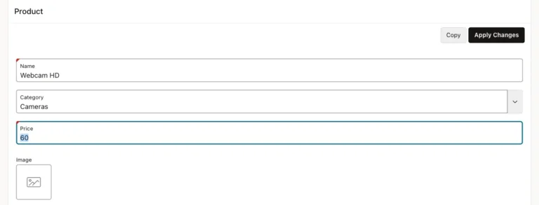 Oracle APEX Product form with the new category Cameras typed into the Category field