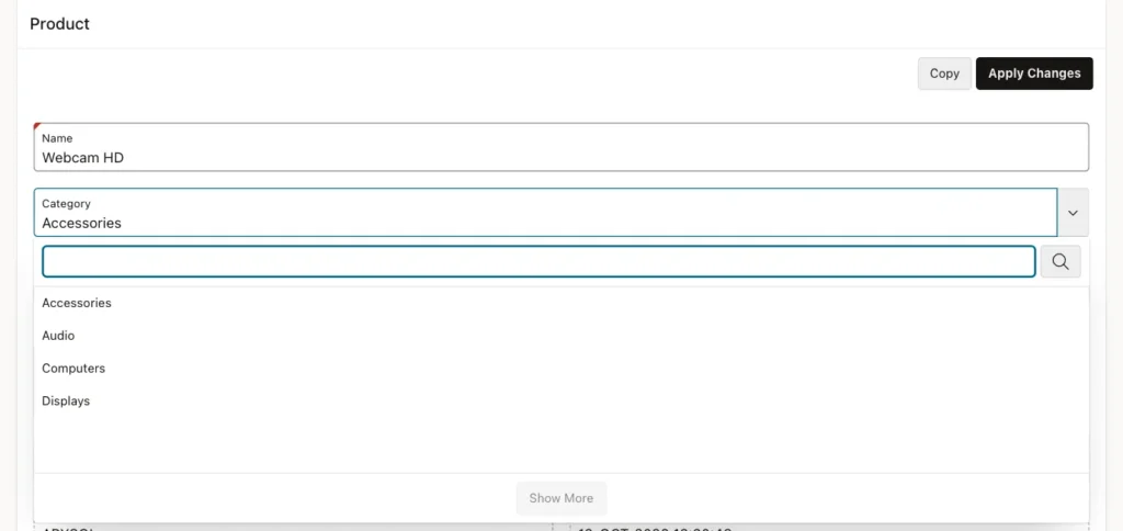 Oracle APEX Product form with the Category popup list open showing Accessories, Audio, Computers and Displays