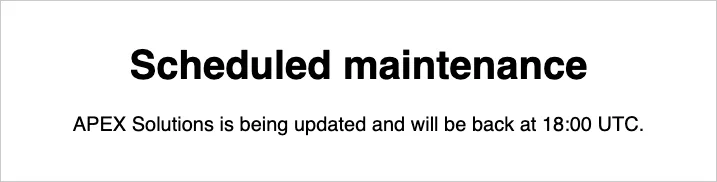 Oracle APEX maintenance page showing Scheduled maintenance, APEX Solutions is being updated and will be back at 18:00 UTC