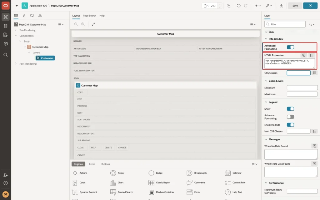 Page Designer showing the layer Info Window with Advanced Formatting on and the HTML Expression marked with red boxes
