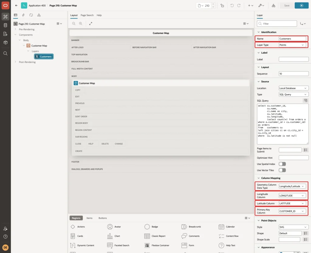 Page Designer showing the map layer with Name Customers, Layer Type Points, Geometry Column Data Type Longitude/Latitude, Longitude Column LONGITUDE, Latitude Column LATITUDE and Primary Key Column CUSTOMER_ID marked with red boxes