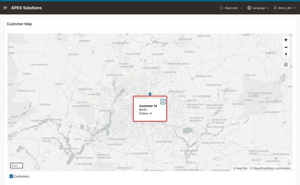 Customer Map zoomed to Berlin with the popup Customer 14, Berlin, Orders: 4 marked with a red box