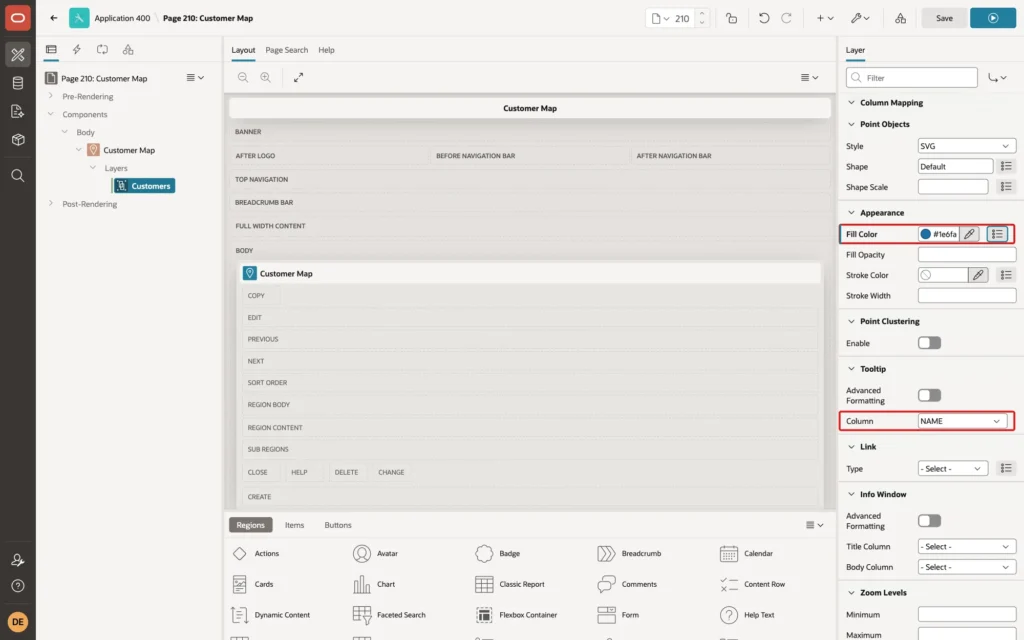 Page Designer showing the layer Appearance Fill Color #1e6fa8 and Tooltip Column NAME marked with red boxes