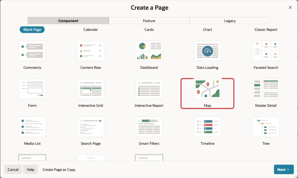 Create a Page wizard with the Map tile marked with a red box
