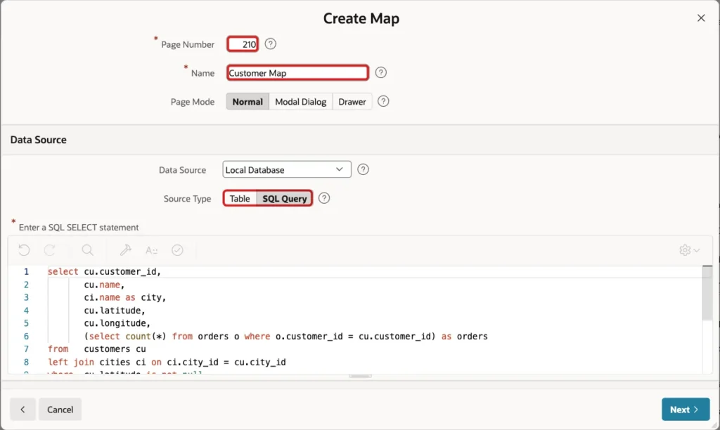 Create Map wizard with Page Number 210, Name Customer Map and Source Type SQL Query marked with red boxes