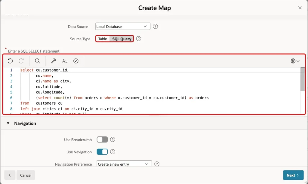 Create Map wizard with the SQL query on CUSTOMERS and CITIES marked with a red box, Use Breadcrumb off and Use Navigation on