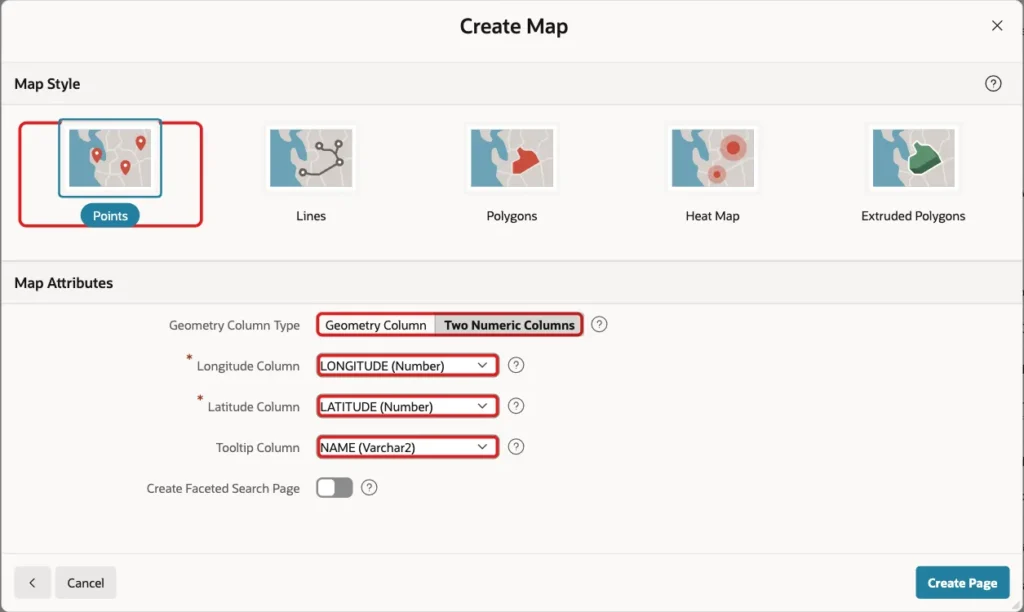 Create Map wizard step Map Style with Points selected, Geometry Column Type Two Numeric Columns, Longitude Column LONGITUDE, Latitude Column LATITUDE and Tooltip Column NAME marked with red boxes