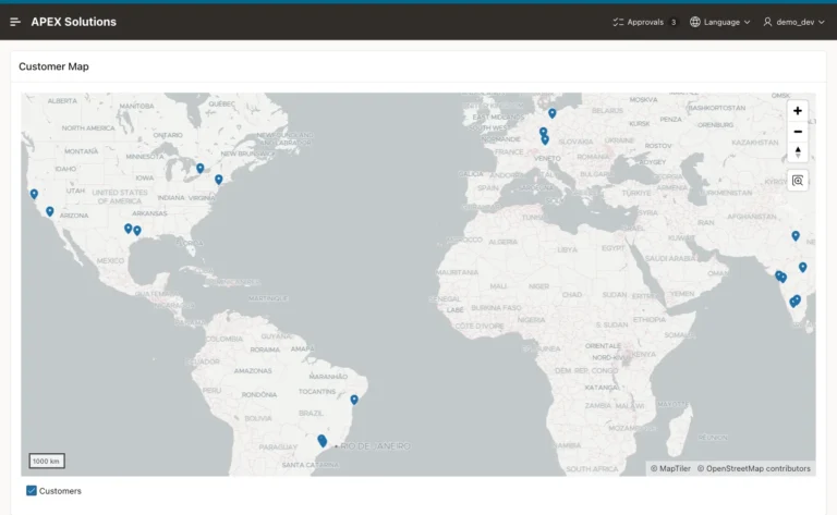 Oracle APEX Customer Map with blue markers for customers in North America, South America, Europe and India