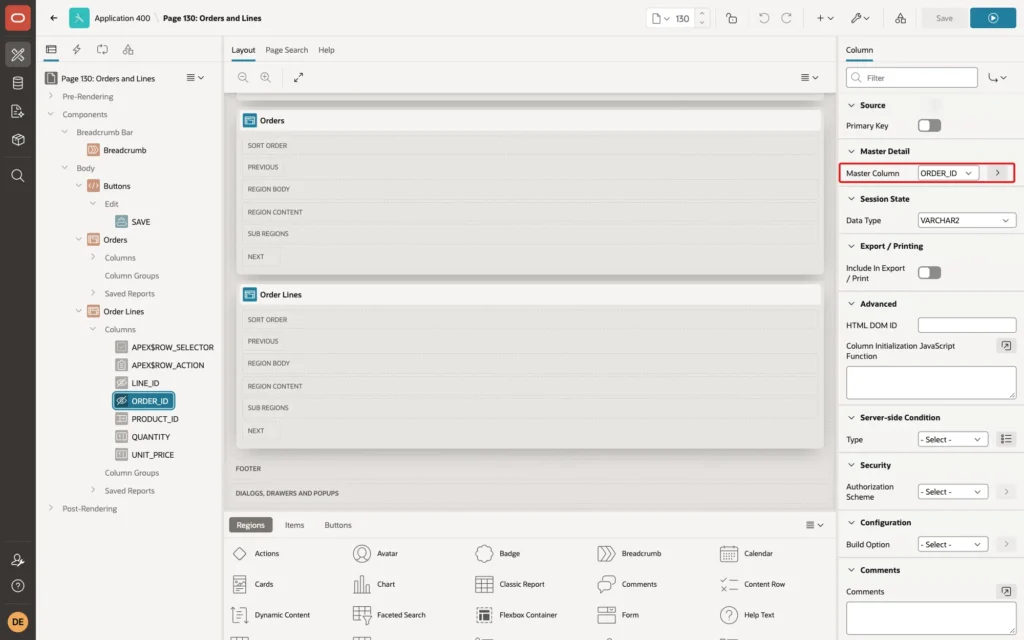 Page Designer showing the ORDER_ID column of Order Lines with Master Column ORDER_ID marked with a red box