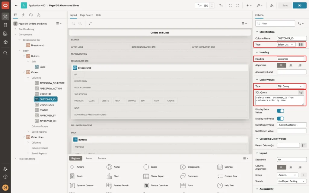 Page Designer showing the CUSTOMER_ID column with Type Select List, Heading Customer and a SQL Query list of values marked with red boxes