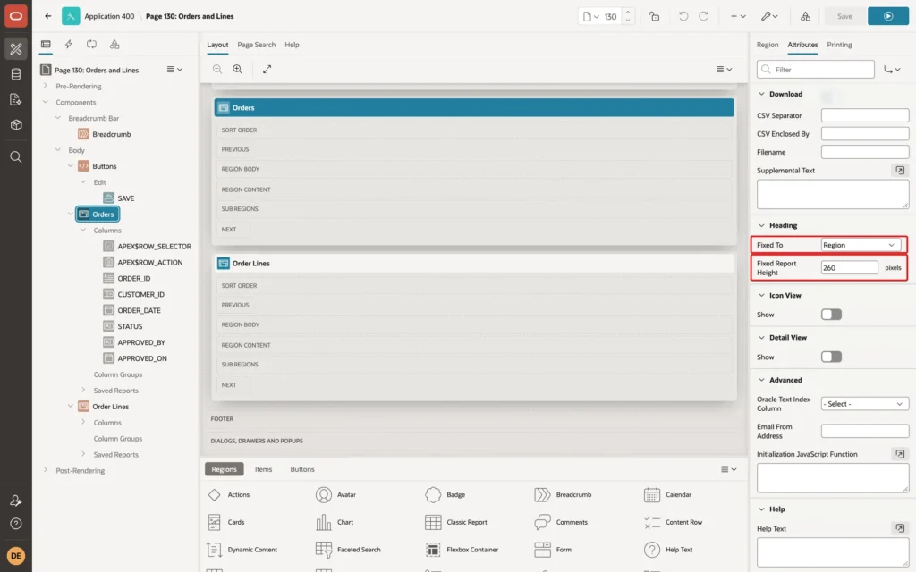 Page Designer showing the Orders grid Attributes with Heading Fixed To Region and Fixed Report Height 260 marked with red boxes