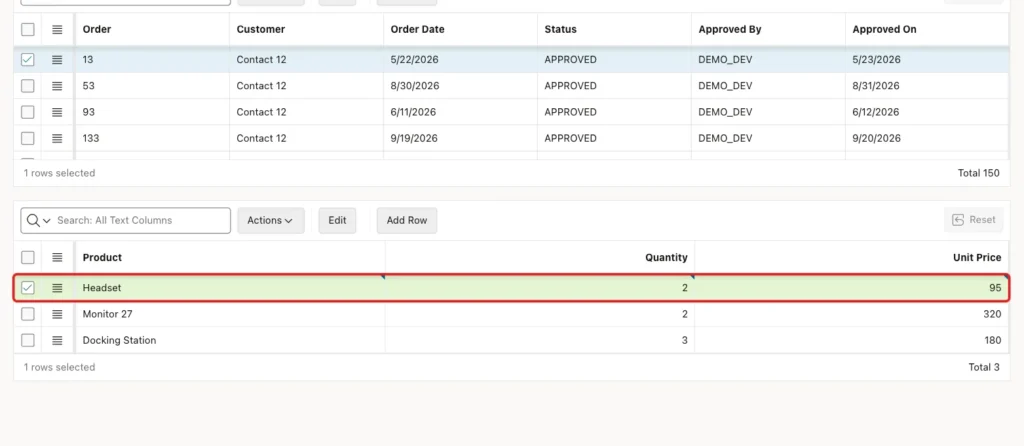 Oracle APEX lines grid with a new Headset row marked with a red box below the selected order 13