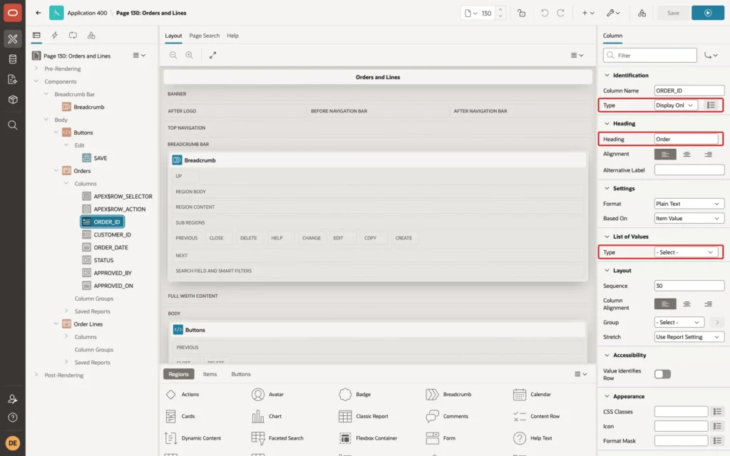 Page Designer showing the ORDER_ID column of the Orders grid with Type Display Only and Heading Order marked with red boxes