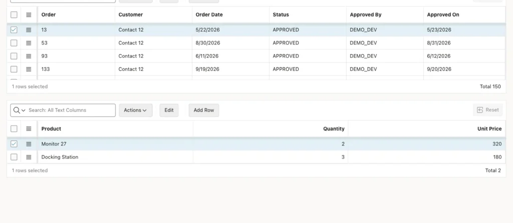 Oracle APEX Orders and Lines page with order 13 selected in the top grid and its two lines, Monitor 27 and Docking Station, in the bottom grid