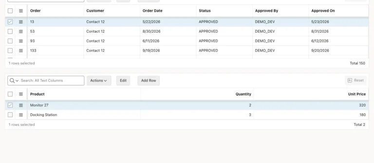 Oracle APEX Orders and Lines page with order 13 selected in the top grid and its two lines, Monitor 27 and Docking Station, in the bottom grid