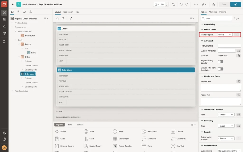 Page Designer showing the Order Lines interactive grid with Master Region set to Orders, marked with a red box