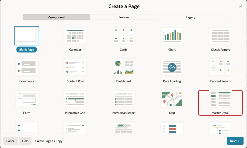 Create a Page dialog with the Master Detail page type marked with a red box