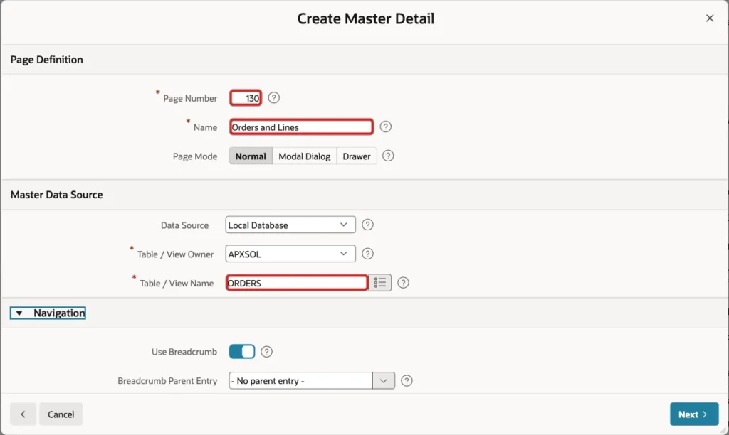 Create Master Detail wizard Page Definition with page number 130, name Orders and Lines and table ORDERS marked with red boxes