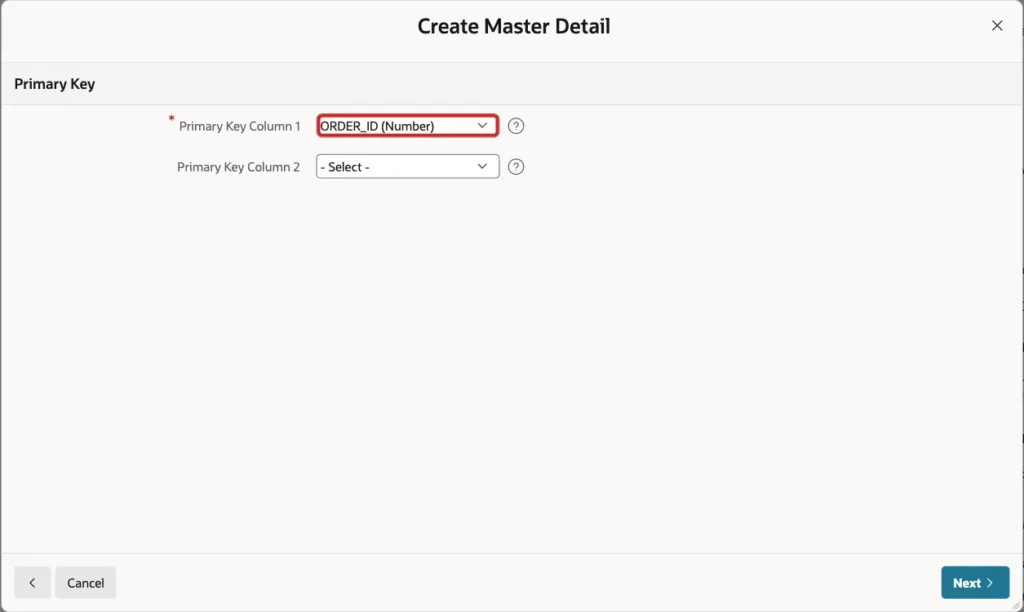 Create Master Detail wizard Primary Key step with Primary Key Column 1 ORDER_ID marked with a red box