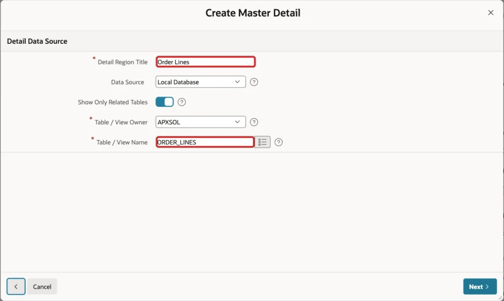 Create Master Detail wizard Detail Data Source with region title Order Lines and table ORDER_LINES marked with red boxes