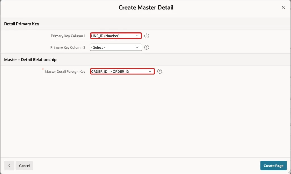 Create Master Detail wizard with detail Primary Key Column 1 LINE_ID and Master Detail Foreign Key ORDER_ID to ORDER_ID marked with red boxes
