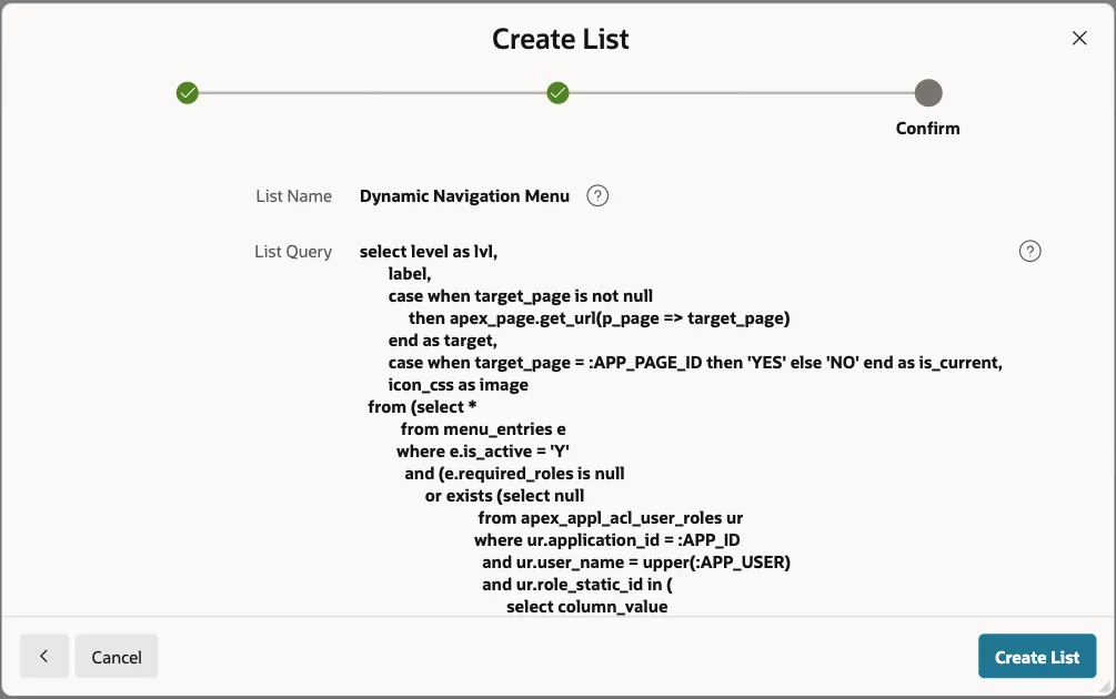Create List wizard Confirm screen showing List Name Dynamic Navigation Menu and the list query