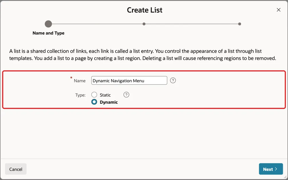 Create List wizard Name and Type screen with Name Dynamic Navigation Menu and Type Dynamic marked with a red box
