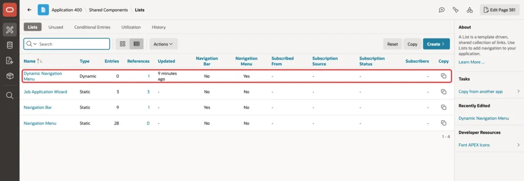 Shared Components Lists page with the Dynamic Navigation Menu row marked with a red box, showing Type Dynamic and Navigation Menu Yes