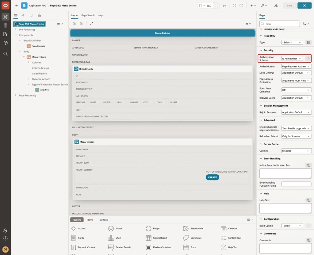 Page 380 properties with Security Authorization Scheme Is Administrator marked with a red box