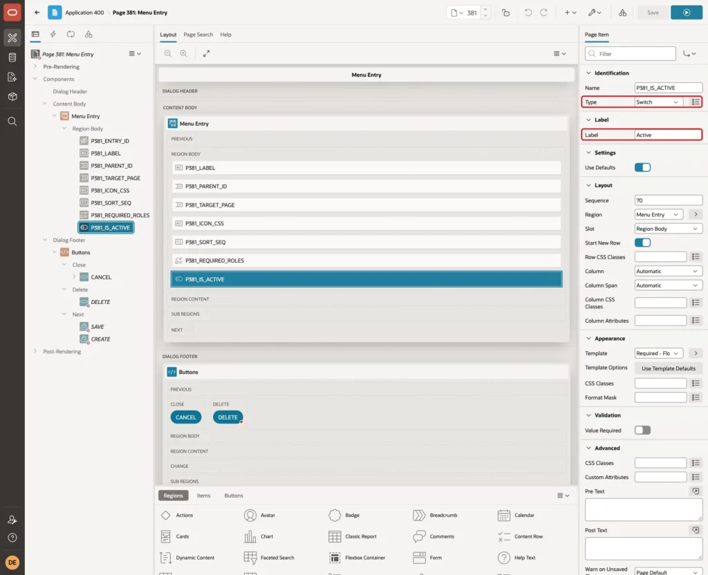 Property Editor of P381_IS_ACTIVE with Type Switch and Label Active marked with red boxes