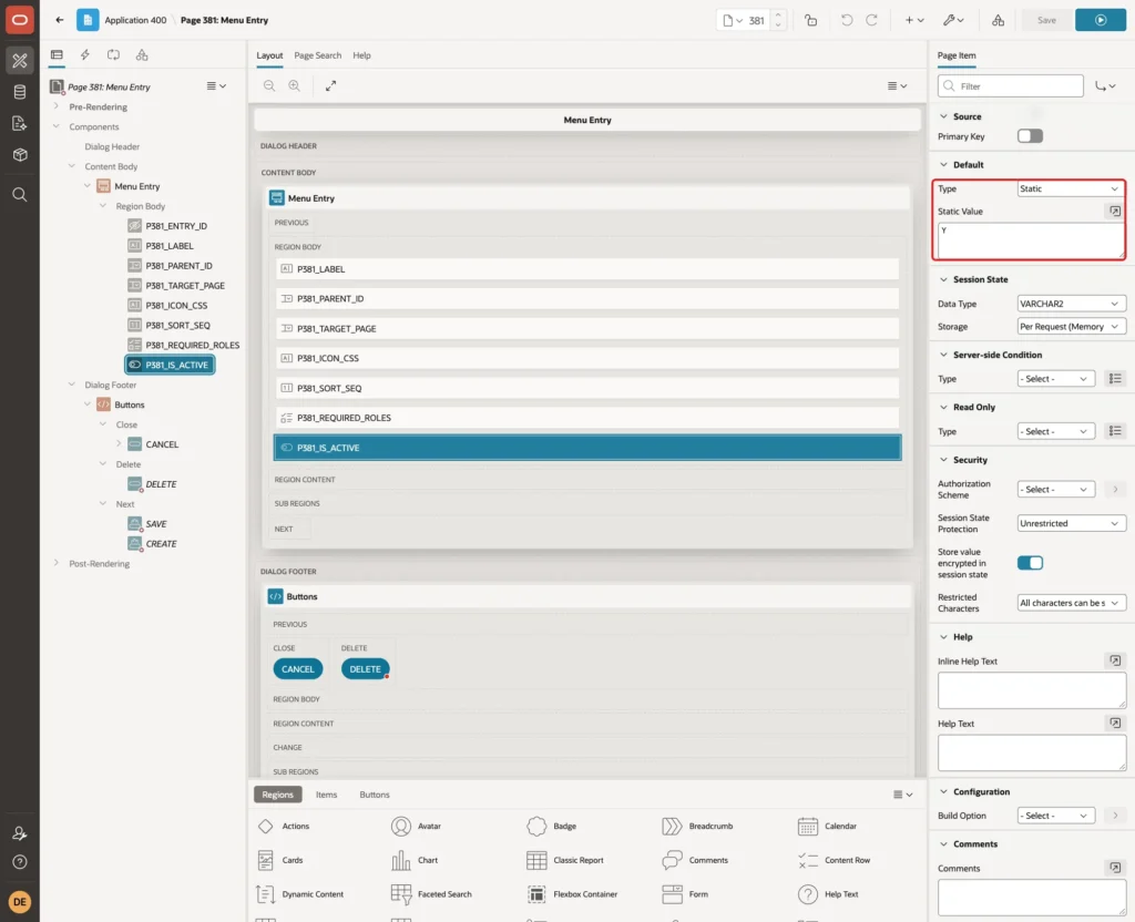 Default group of P381_IS_ACTIVE with Type Static and Static Value Y marked with a red box