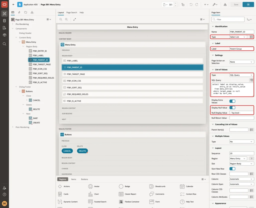 Property Editor of P381_PARENT_ID with Type Select List, Label Parent Group, List of Values Type, SQL Query, Display Null Value and Null Display Value marked with red boxes