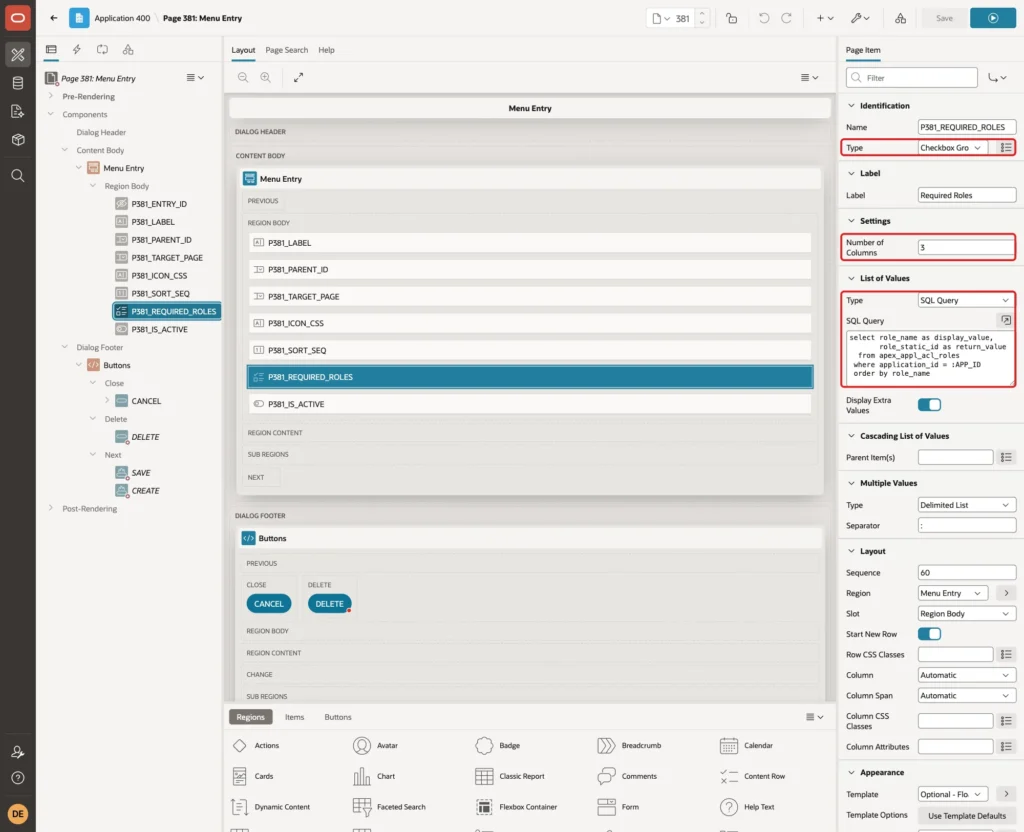 Property Editor of P381_REQUIRED_ROLES with Type Checkbox Group, Number of Columns 3, List of Values Type SQL Query and the query marked with red boxes
