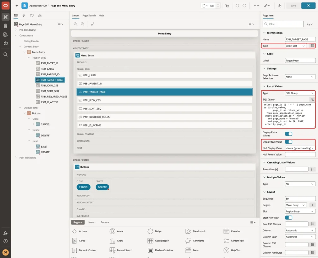 Property Editor of P381_TARGET_PAGE with Type Select List and the List of Values settings marked with red boxes