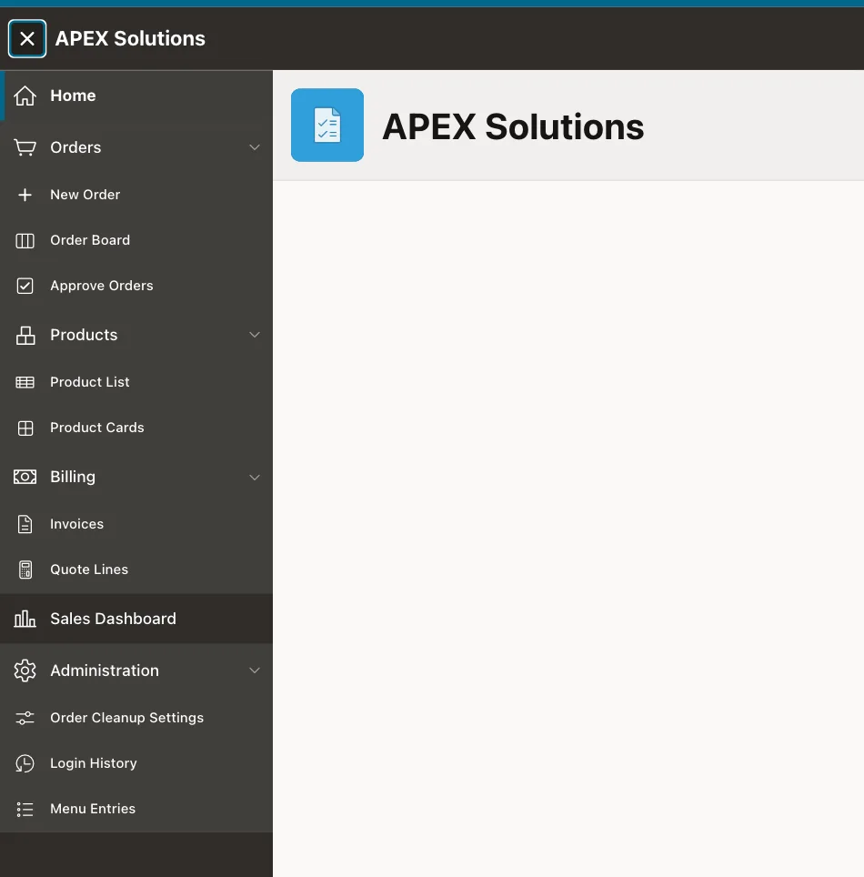 Side navigation menu for demo_dev with Orders, Products, Billing and Administration groups and all their entries