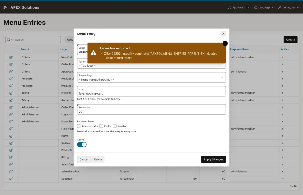 Menu Entry dialog for Orders with the error ORA-02292 integrity constraint MENU_ENTRIES_PARENT_FK violated - child record found