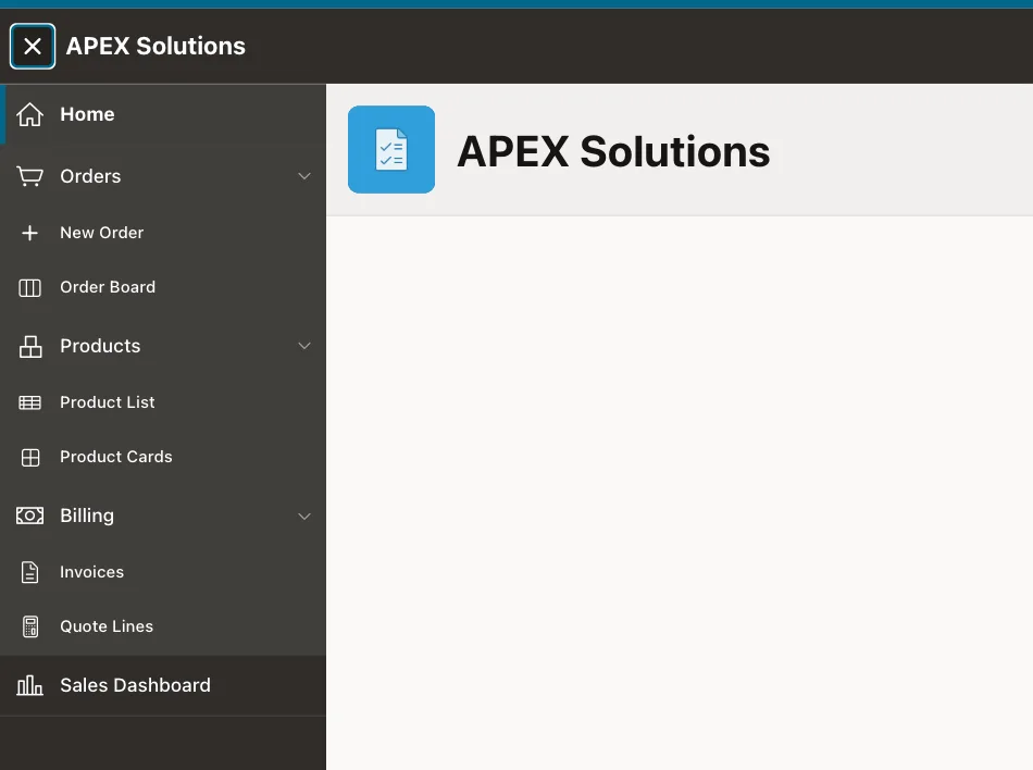 Side navigation menu for order_editor with Orders, Products and Billing groups, without Approve Orders and Administration