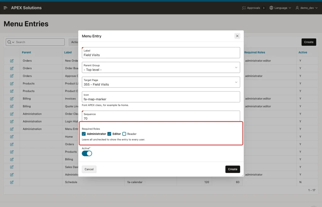 Menu Entry dialog with Label Field Visits, Target Page 355, Icon fa-map-marker, Sequence 70 and the Administrator and Editor roles checked and marked with a red box