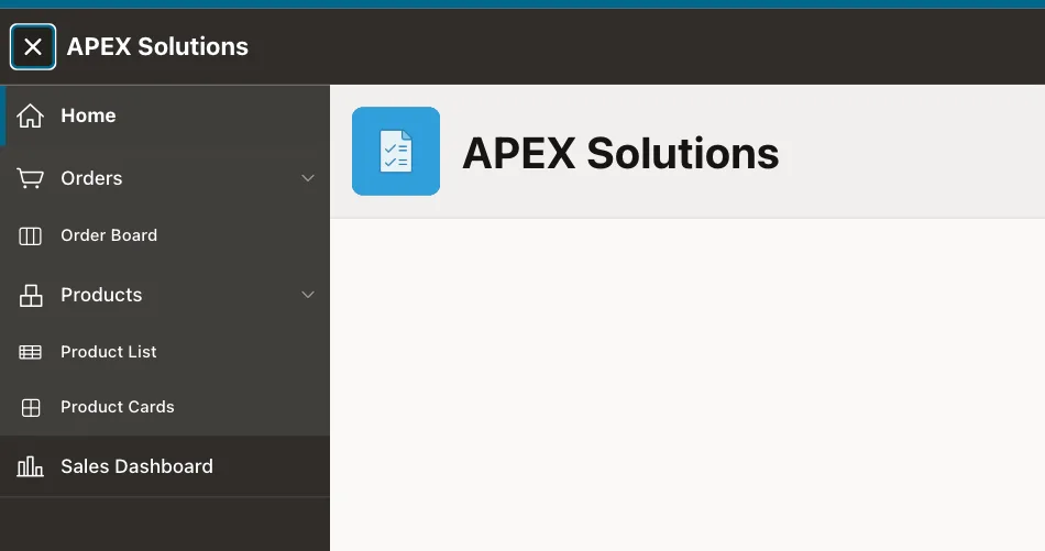 Side navigation menu for sales_user with Home, Orders with Order Board, Products with two entries and Sales Dashboard