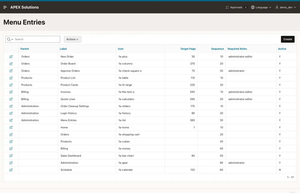 Menu Entries interactive report with Parent, Label, Icon, Target Page, Sequence, Required Roles and Active columns