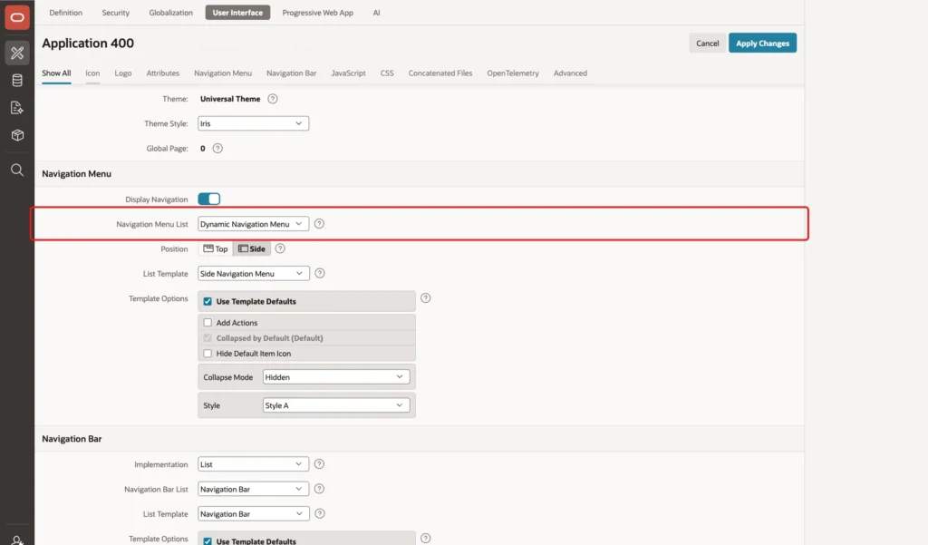User Interface Attributes with Navigation Menu List set to Dynamic Navigation Menu marked with a red box