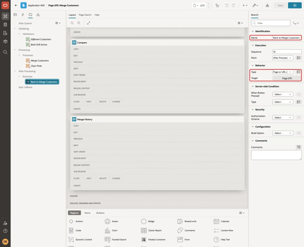 Branch Back to Merge Customers with Name, Type Page or URL Redirect and Target page 670 marked with red boxes
